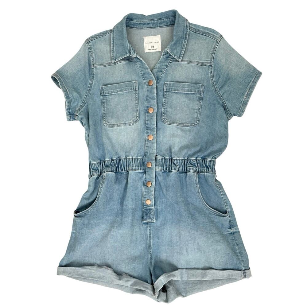 Celebrity Pink Light Wash Short Denim Utility Romper Coveralls Sz Large (11-13) - Picture 2 of 7